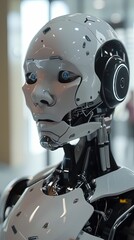 Close-up of a humanoid robot interacting with humans in a modern office setting.  Hyperdetailed. UHD. super detailed