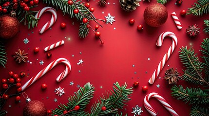 Christmas-themed red background, pine branches, candy canes, and ornaments