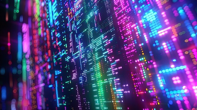Colorful computer code on a screen with vibrant lights, highlighting lines of programming text