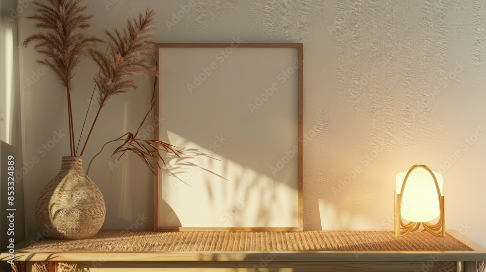 Poster minimalist frame on wicker table% empty frame, simple and elegant, soft lighting