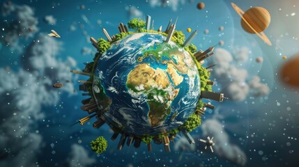 Globe in the form of a miniature planet% A globe depicting the Earth, cities and nature on a celestial background surrounded by space objects