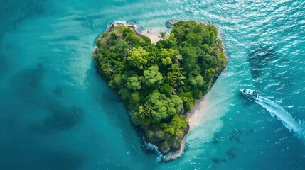 Heart-shaped island with lush trees surrounded by turquoise water, boat approaching