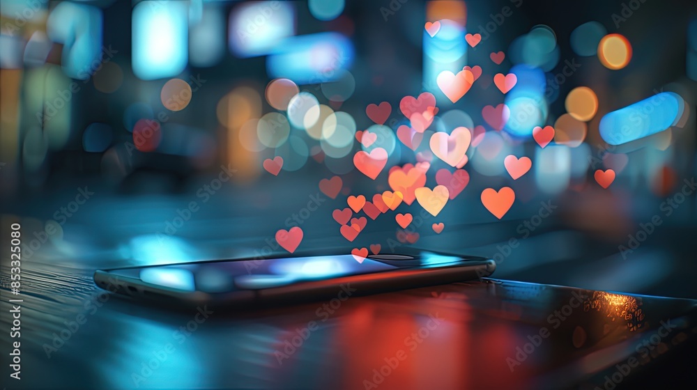 Poster smartphone with floating like and heart icons in a blurred background