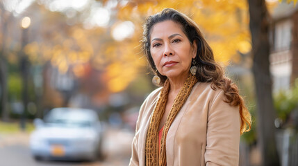 Fototapeta premium Serious Mature Hispanic Woman Standing on Street in Autumn