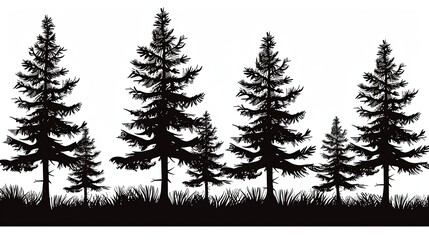 Obraz premium Silhouettes of pine trees% Black silhouettes of four pine trees on white background