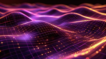 Wavy grid structure with dark background, glowing purple and orange lines