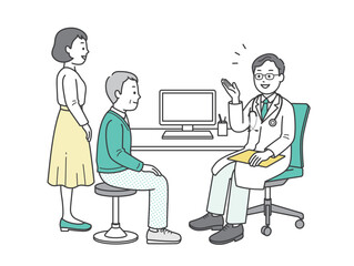 病院で診察を受ける高齢男性と付き添いの女性と医師のイラスト
