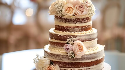 Elegant Naked Wedding Cake with Delicate Floral Decor