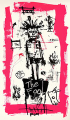 The back of a tarot card deck designed in a vibrant and chaotic style, featuring a blend of iconic symbols and scribbles. The design hints at the mystical and spiritual essence of tarot, with abstract