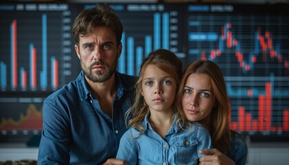 Obraz premium Family showing concern with economic fluctuations behind, evoking themes of financial wellness and security