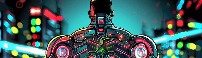 Create a striking rear view of a futuristic cybernetic warrior with glowing circuit patterns on sleek armor