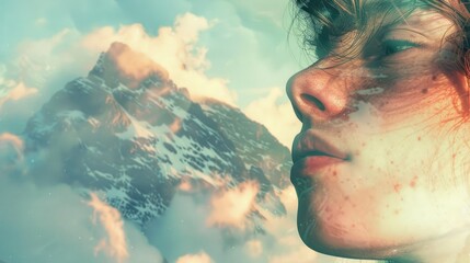 A happy woman smiles in a closeup with a beautiful mountain landscape in the background. She enjoys leisure and recreation while traveling in the natural landscape AIG50