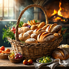 A rustic scene with a large woven basket filled with freshly baked bread and other bakery items, placed on a wooden table next to a fireplace.
