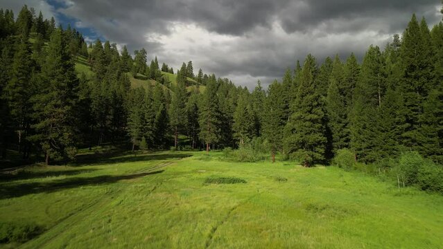 Aerial above mountains and forest in Gibbonsville Idaho at sunset in Salmon National Forest