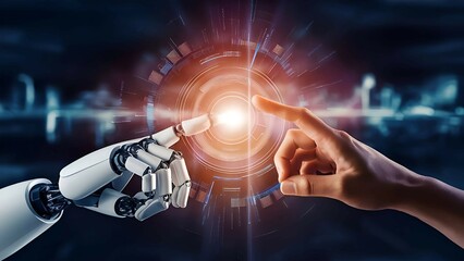 Science and technology stock photo, data, ai and human hand, ai generated.