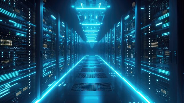 A parallel row of servers, adorned in electric blue, fills a technology-driven data center hallway with a symmetrical display of power and Azure technology. AIG41