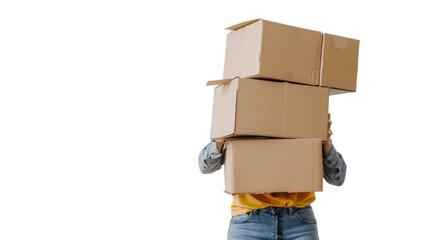Person carrying a big stack of cardboard boxes on white background