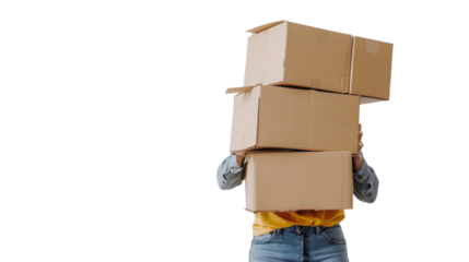 Person carrying a big stack of cardboard boxes on white background