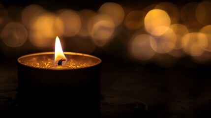 A single lit candle in a dark setting with a soft bokeh background, creating a warm and serene atmosphere for meditation and relaxation.