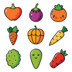 Vector fruits and vegetables icon set isolated on white background. Vector illustration.