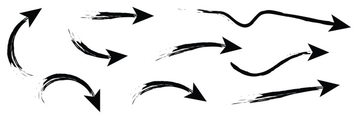 Set of Hand drawn curved arrow icon with brush. Brush long  arrow isolated on a white background.