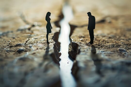 Silhouettes of a Couple Separated by a Crack in the Ground