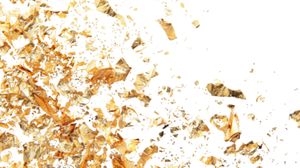 Pieces flakes of gold foil on white background