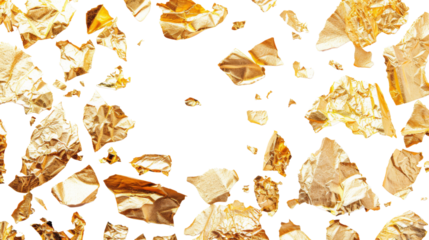 Pieces flakes of gold foil on white background