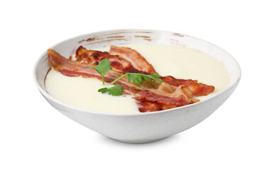 Delicious potato soup with bacon and parsley isolated on white