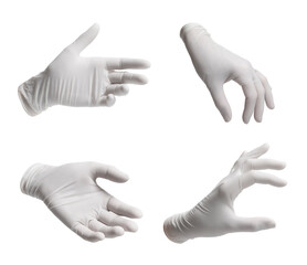 Medical gloves on white background, collage of photos