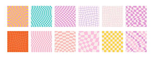 Groovy checkered patterns, vintage aesthetic backgrounds, psychedelic checkerboard texture. Funky hippie fashion textile print, retro background with distorted grid vector pattern set. Bright colors