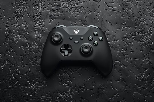 Black gamepad on a textured black background and copy space in flat lay view 