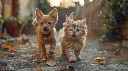 A cute couple of furry friends little cat and a mischievous little dog, are playing together in the garden