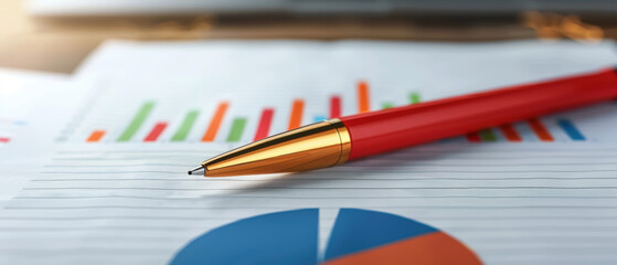 A red pen sits on top of a piece of paper with a pie chart on it