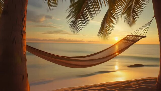 Serene tropical beach at sunset with a hammock strung between two palm trees, golden light reflecting on the calm sea.	