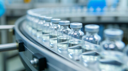medical vials on production line in a pharmaceutical company manufacturing facility
