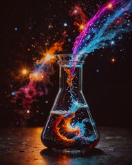 An Erlenmeyer flask with cosmic universal energy and planets and around it. 