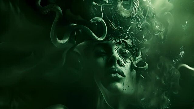 Eerie Medusa Portrait with Snakes in Darkness with Ai generated.
