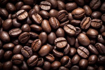 Obraz premium Close-Up of Roasted Coffee Beans on Dark Brown Background