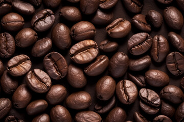 Obraz premium Close-Up of Roasted Coffee Beans on Dark Brown Background