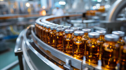 medical vials on production line in a pharmaceutical company manufacturing facility