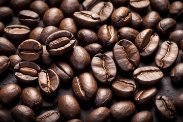 Obraz premium Close-Up of Roasted Coffee Beans on Dark Brown Background