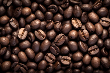Obraz premium Close-Up of Roasted Coffee Beans on Dark Brown Background