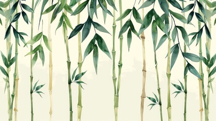 Fototapeta premium Muted green bamboo border, depicted in flat design with a repeating pattern.