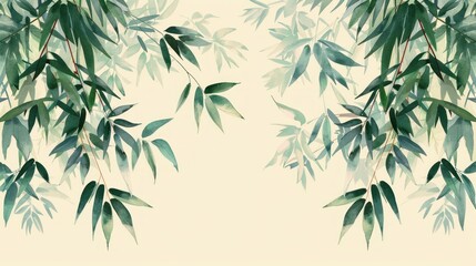 Fototapeta premium Bamboo border in muted greens and flat design, forming a repeating pattern.