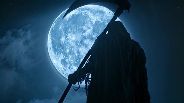 Grim Reaper Silhouette Against Full Moon with Ai generated.
