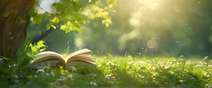 Summer reading under a tree border, relaxing summer sales banner, lush greens and book colors