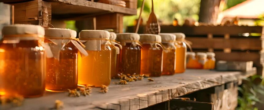 Organic bee farm, beehives active with bees, jars of raw honey in front
