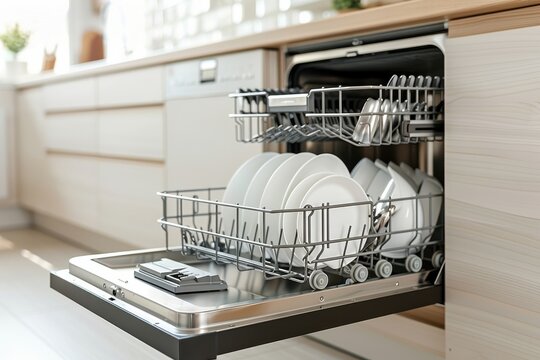 A dishwasher is full of plates and silverware