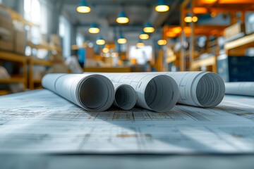Multiple architectural blueprints rolled up on a table in a warehouse setting with lighting above